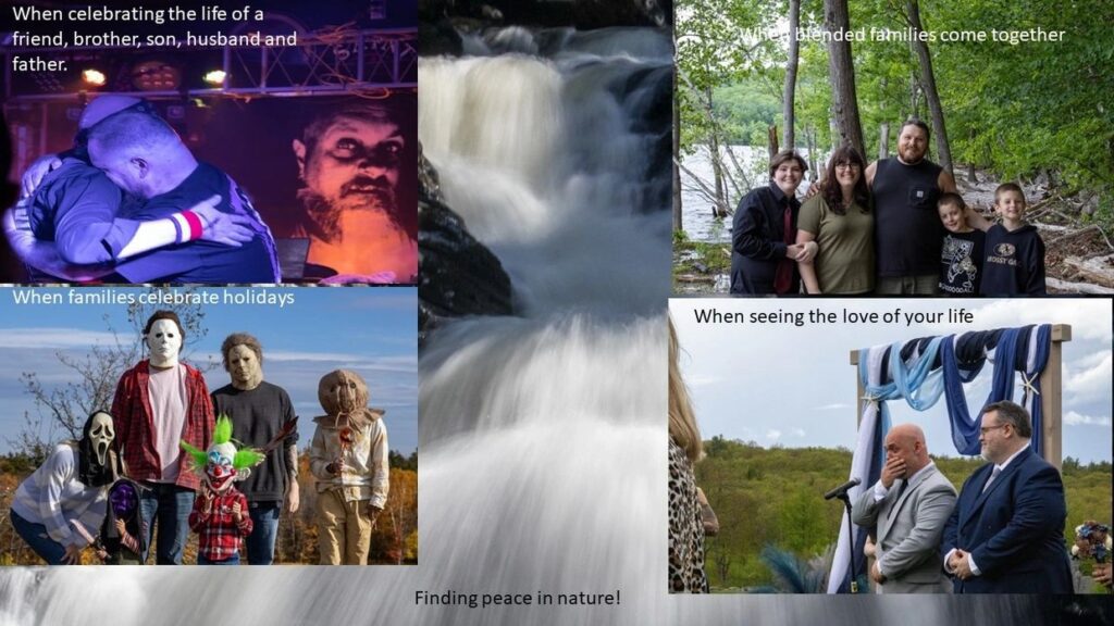 Collage of professional photos showing a wedding, a family, and a portrait